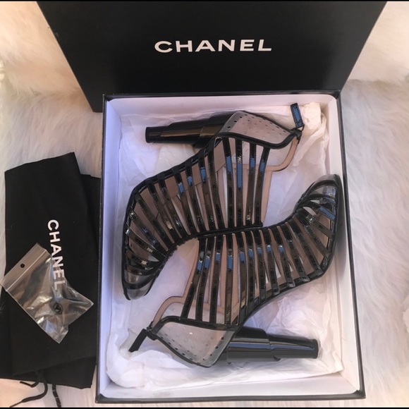 RARE AUTH CHANEL BLACK CAGE HEELS SZ 41/ US 11 - Picture 2 of 14